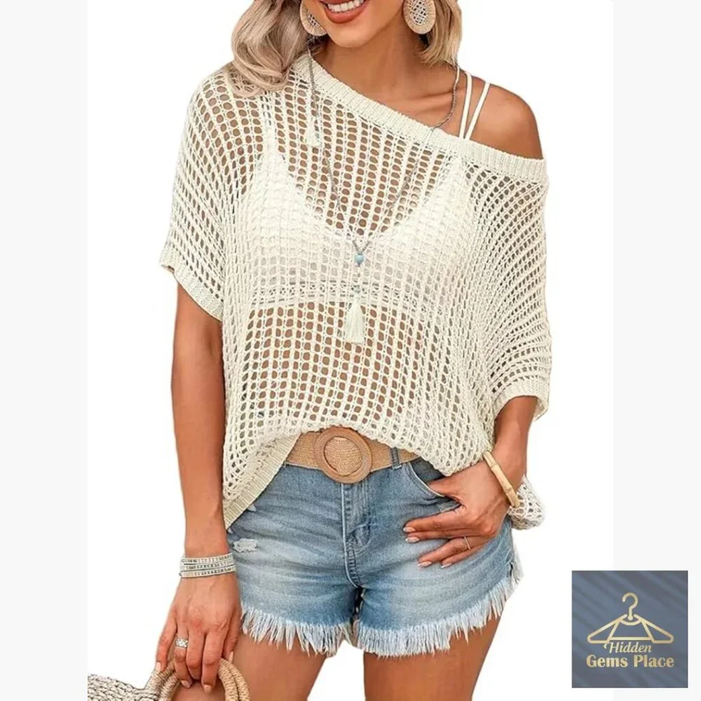 Short Sleeve Crochet Sweater Beach Cover Up Off Shoulder Loose Knit Top